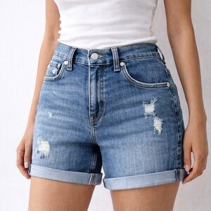 Levi’s Mid Length Denim Shorts Distressed Cuffed Size 25 Medium Wash